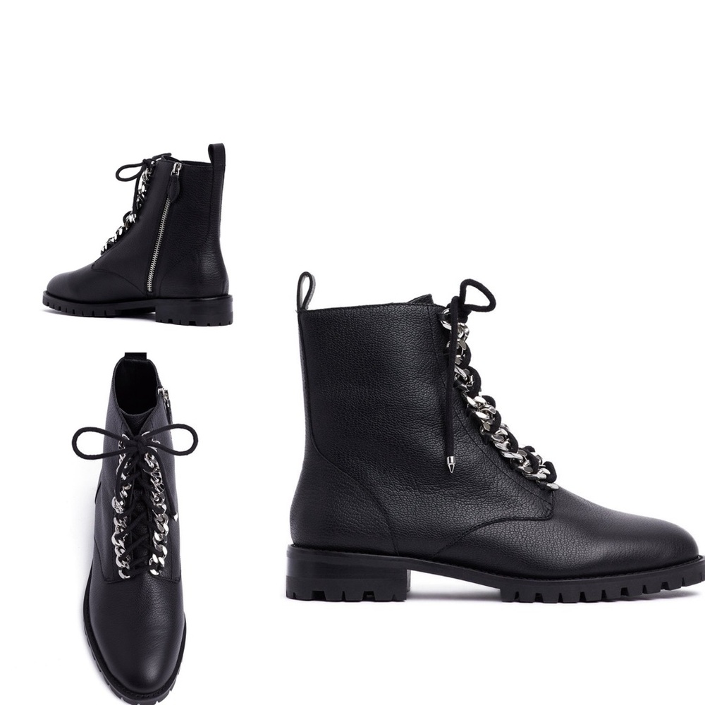 Rebecca Minkoff Leather Janyi Chain Combat Boots Booties Shoes Size 10.5 M Black